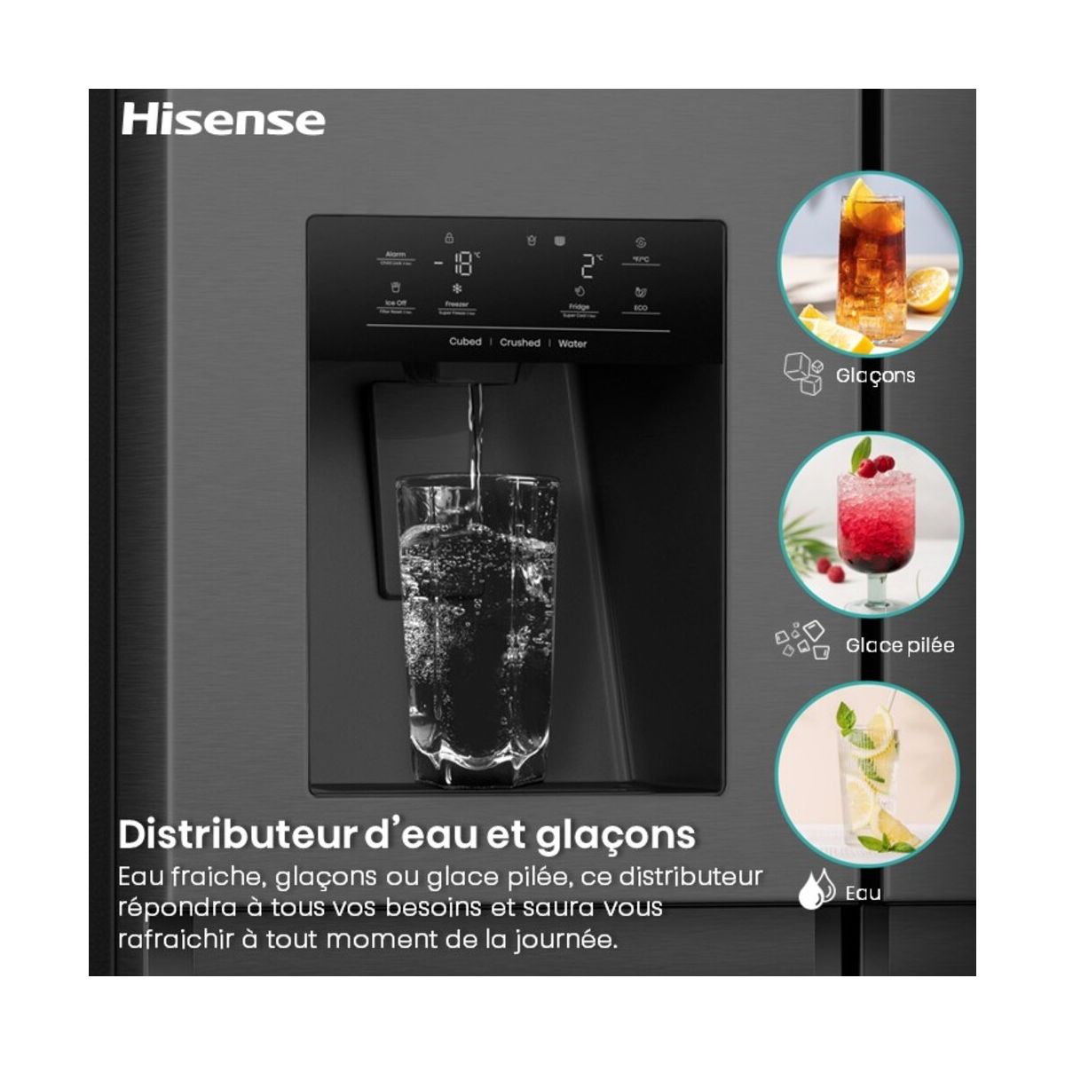 Réfrigérateur Américain RS9P628GPFE smart screen noir, HISENSE
