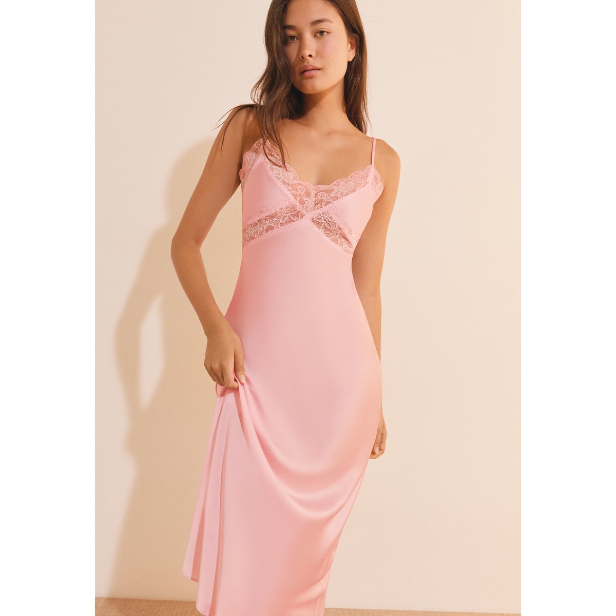 Nuisette longue détails en dentelle DESIRE rose, ETAM