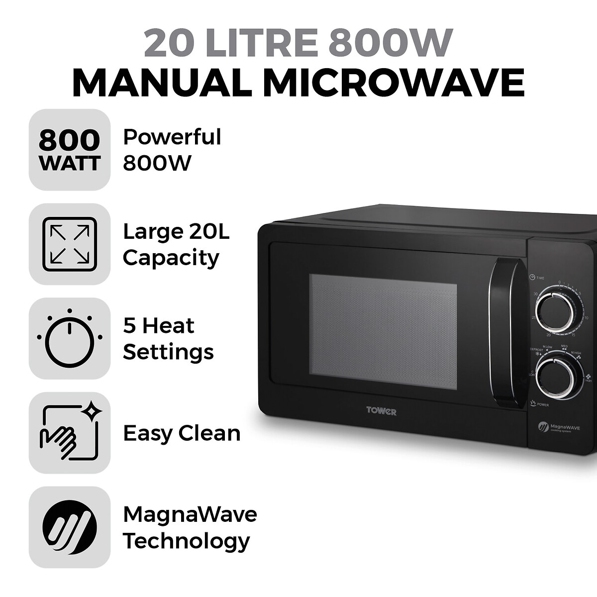 20L 800W Manual Microwave - T24042 black, TOWER