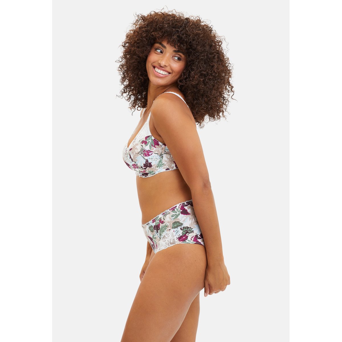 Shorty en microfibre et dentelle Mathilde imprimé vegetal jungle ivoire, SANS COMPLEXE