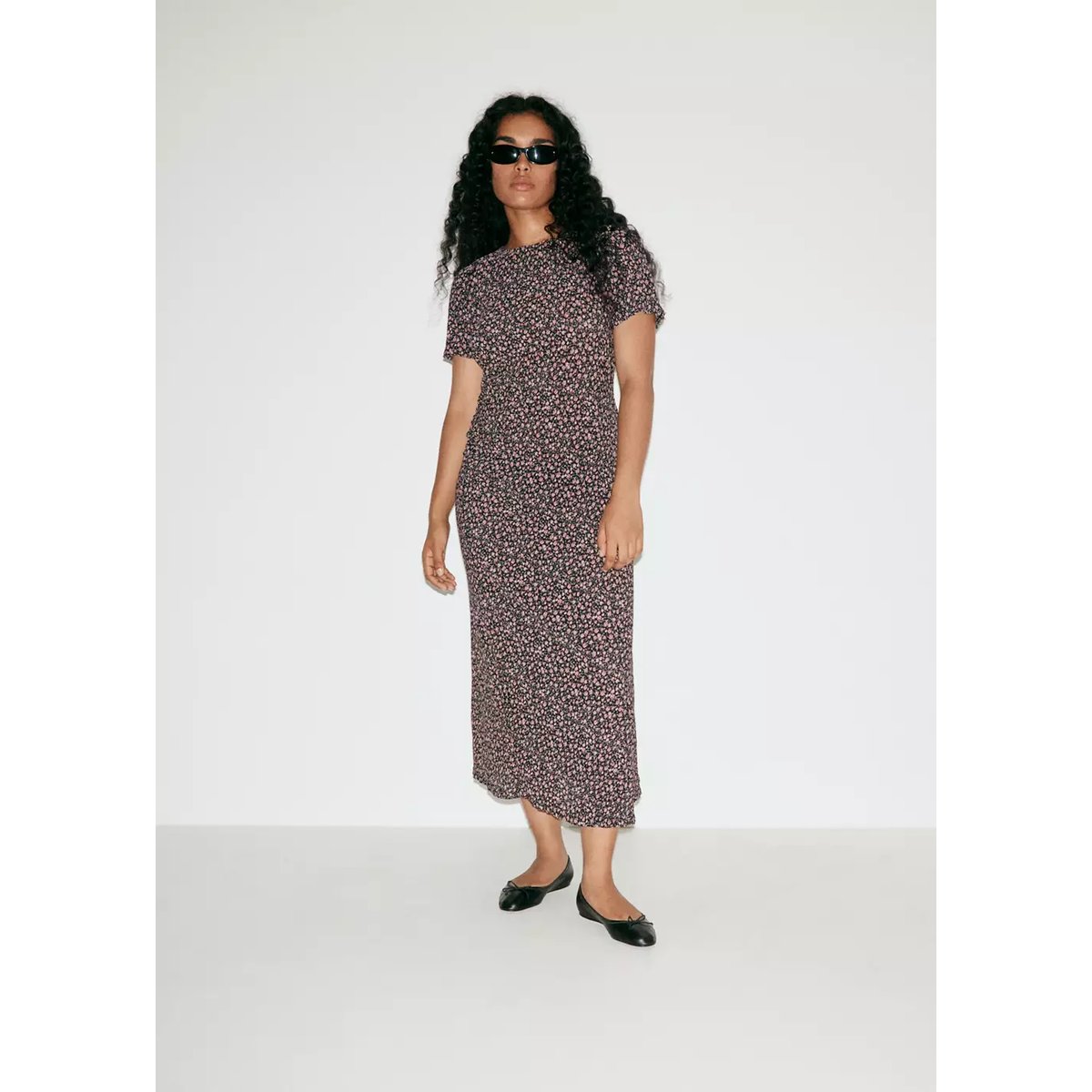 Robe imprimée détail drapé noir, MANGO