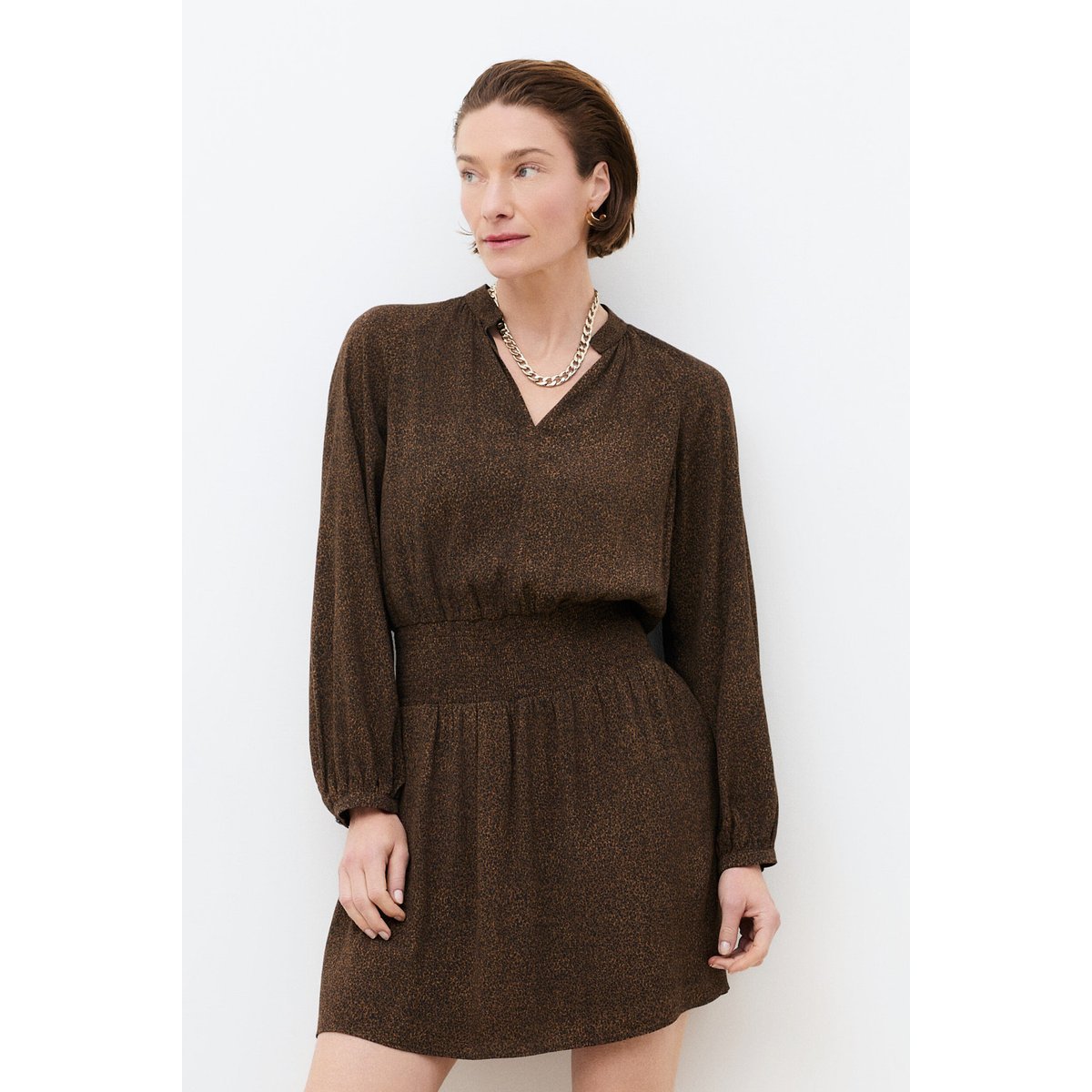 Robe fluide col tunisien RSYLVIA marron chocolat, CAROLL