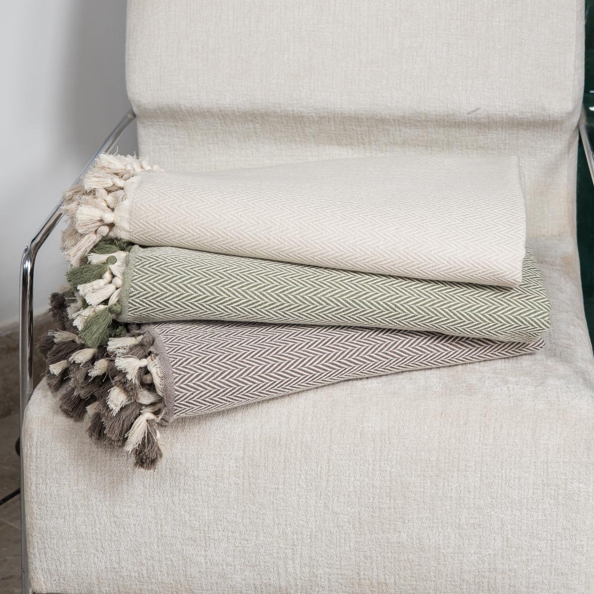 Plaid coton MEGEVE vert olive, FEBRONIE