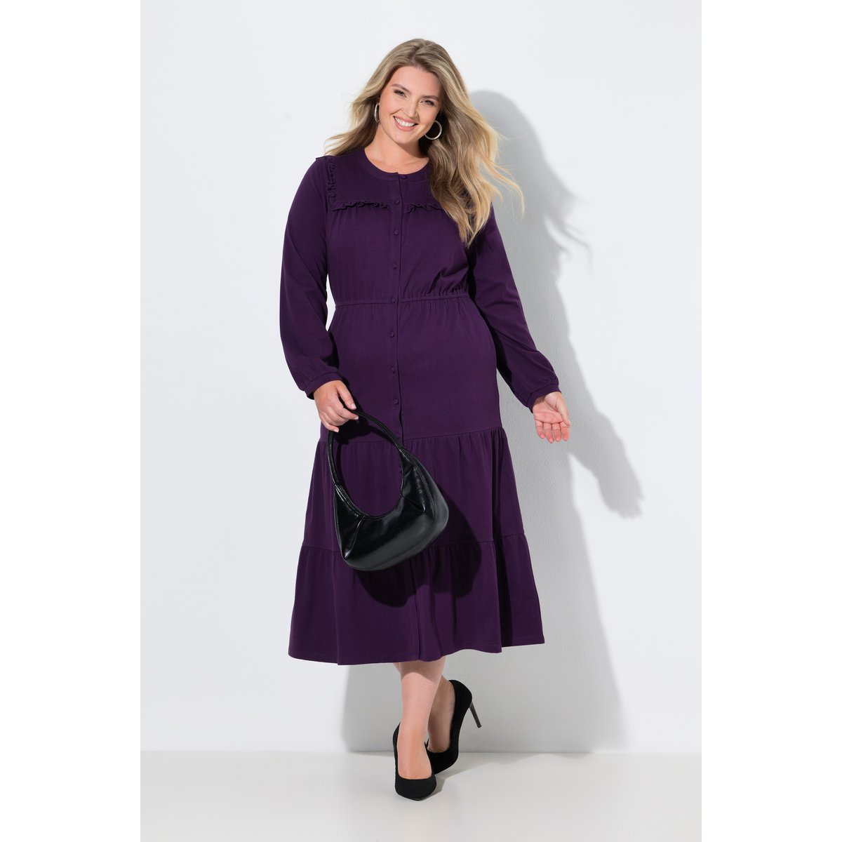 Robe maxi, décolleté rond et manches longues groseilles noires, ULLA POPKEN