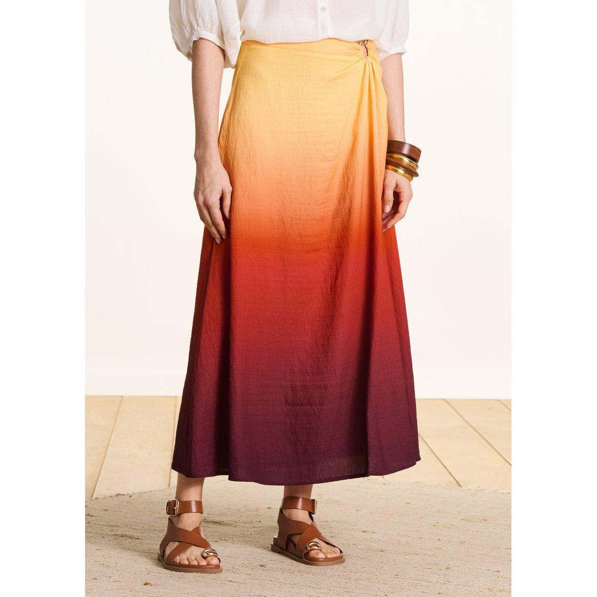 Jupe midi à imprimé tie & dye multicolore jaune/mahogany, LA FEE MARABOUTEE