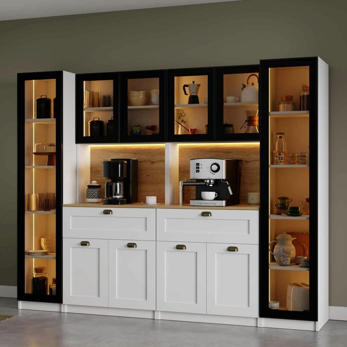 Grand vaisselier de cuisine à LED 10 portes décor blanc et noir AURA blanc, PIER IMPORT
