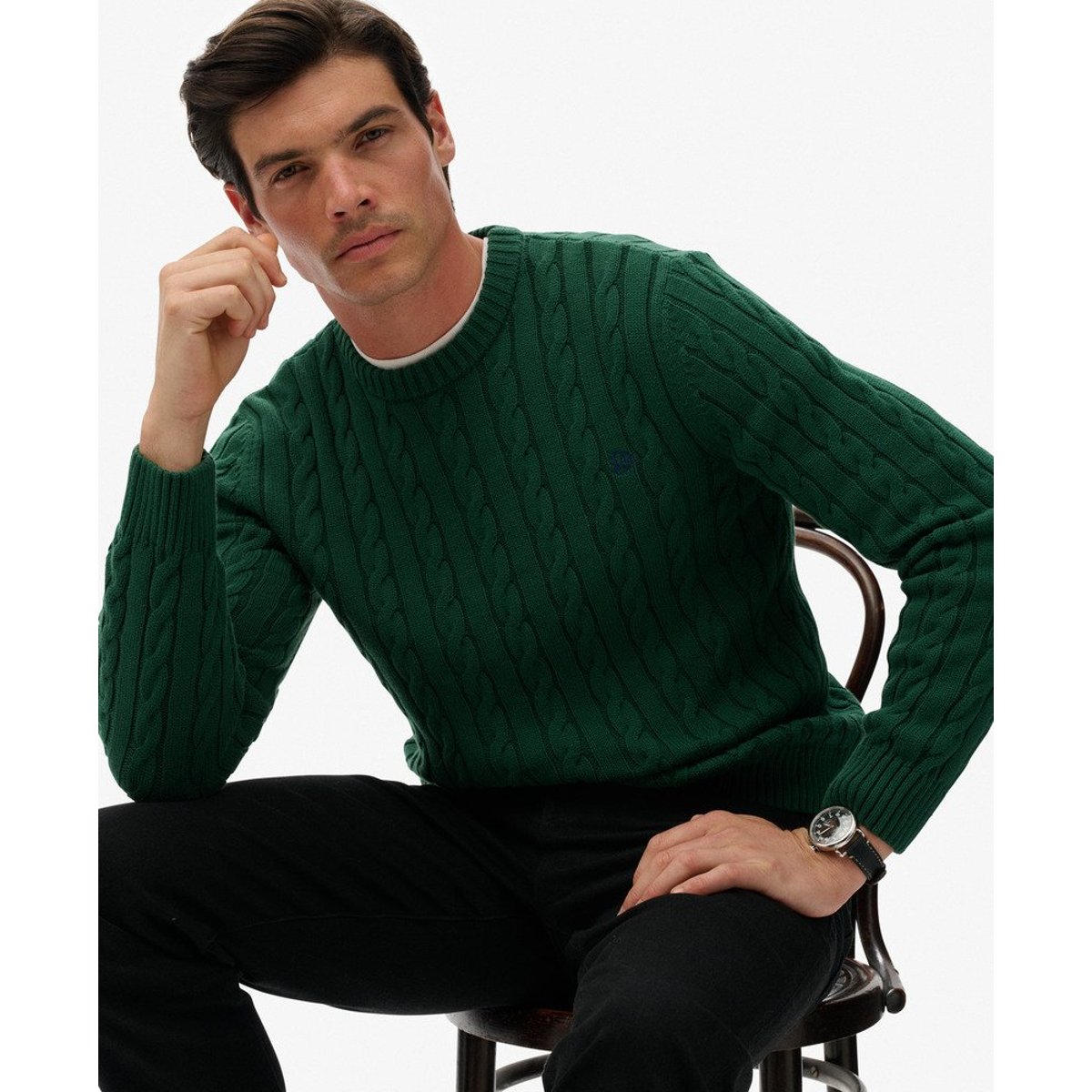 Pull Ras du Cou en Maille Torsadée vert forêt, SUPERDRY