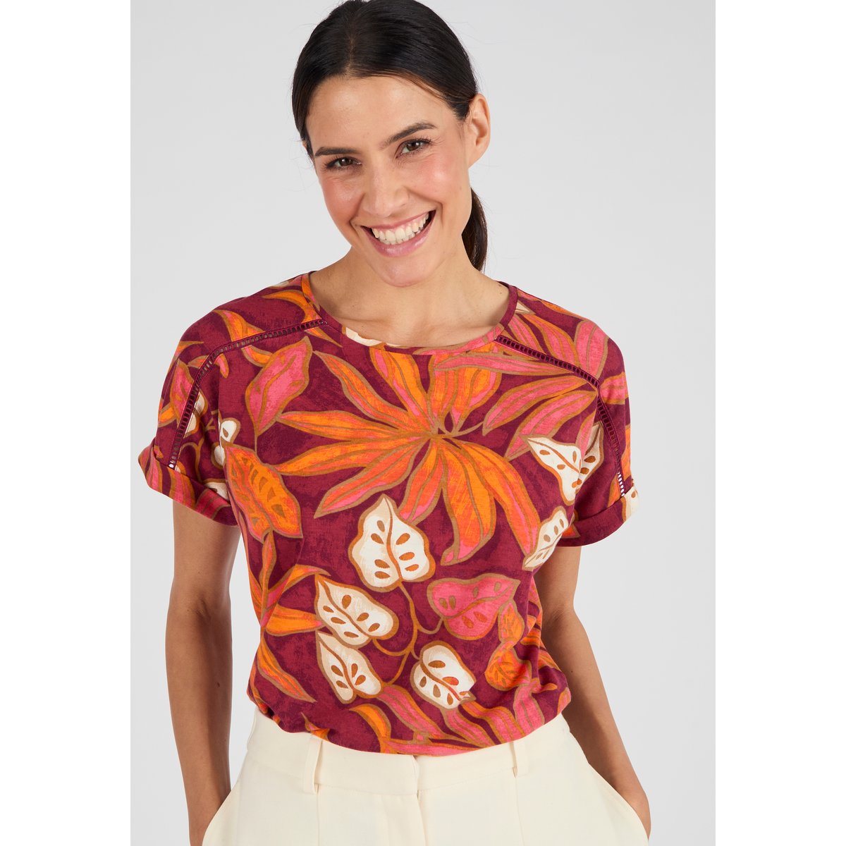 T-shirt imprimé tropical Climatyl rouge brique tropical, DAMART