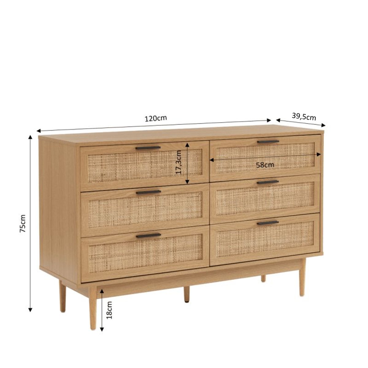 Commode cannage rotin 6 tiroirs AMANA chêne clair, BAÏTA
