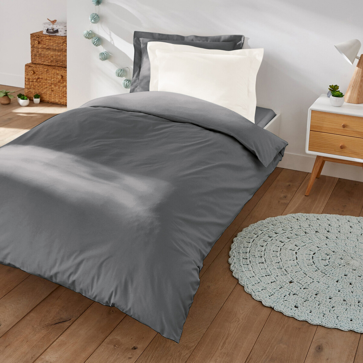 Taie d'oreiller enfant unie coton bio, Scenario gris foncé, LA REDOUTE INTERIEURS