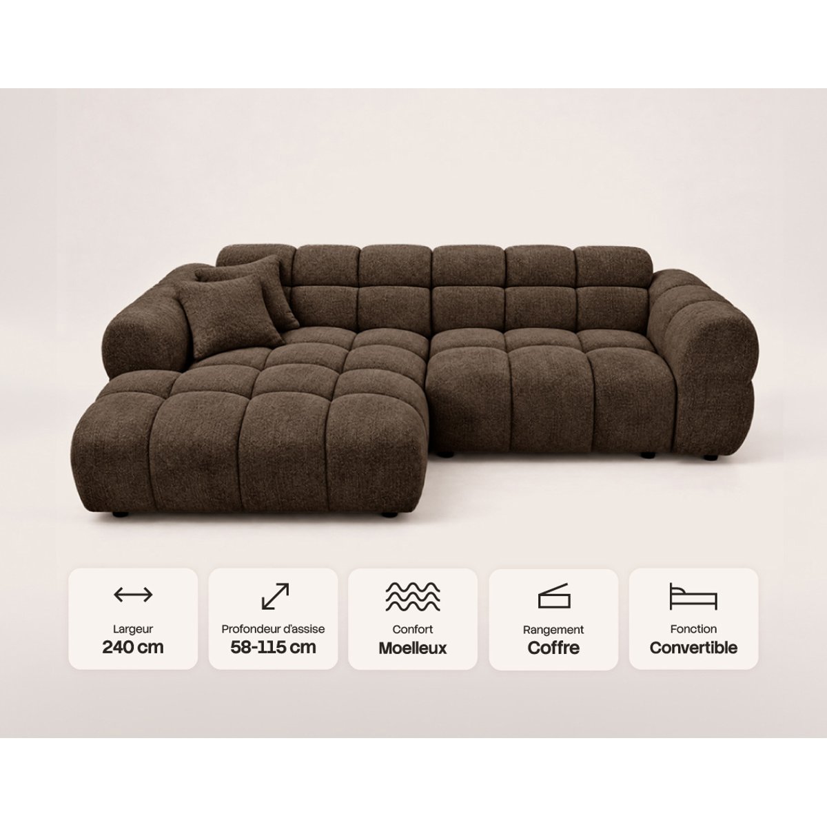 Canapé d'angle gauche 4 places convertible avec, MINI RAY marron, BEST MOBILIER