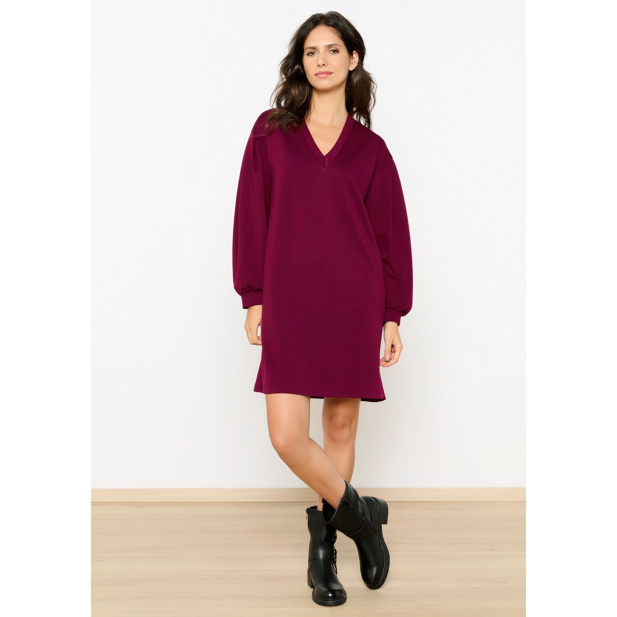Robe sweat à col V bordeau wine, LOLALIZA