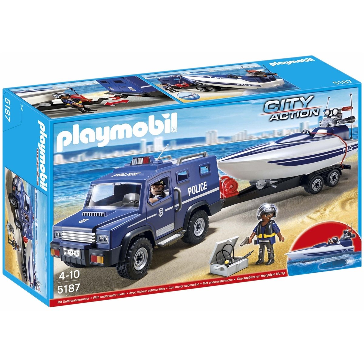 Fourgon et vedette de policeAvec moteur submersible multicolore, PLAYMOBIL