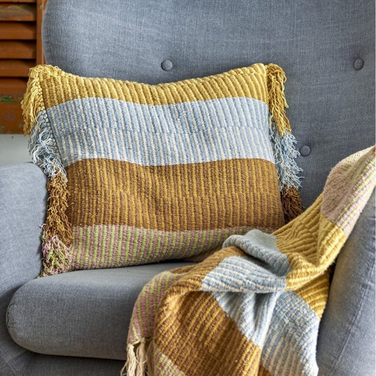 Plaid rayures coton recyclé  ISNEL jaune, BLOOMINGVILLE