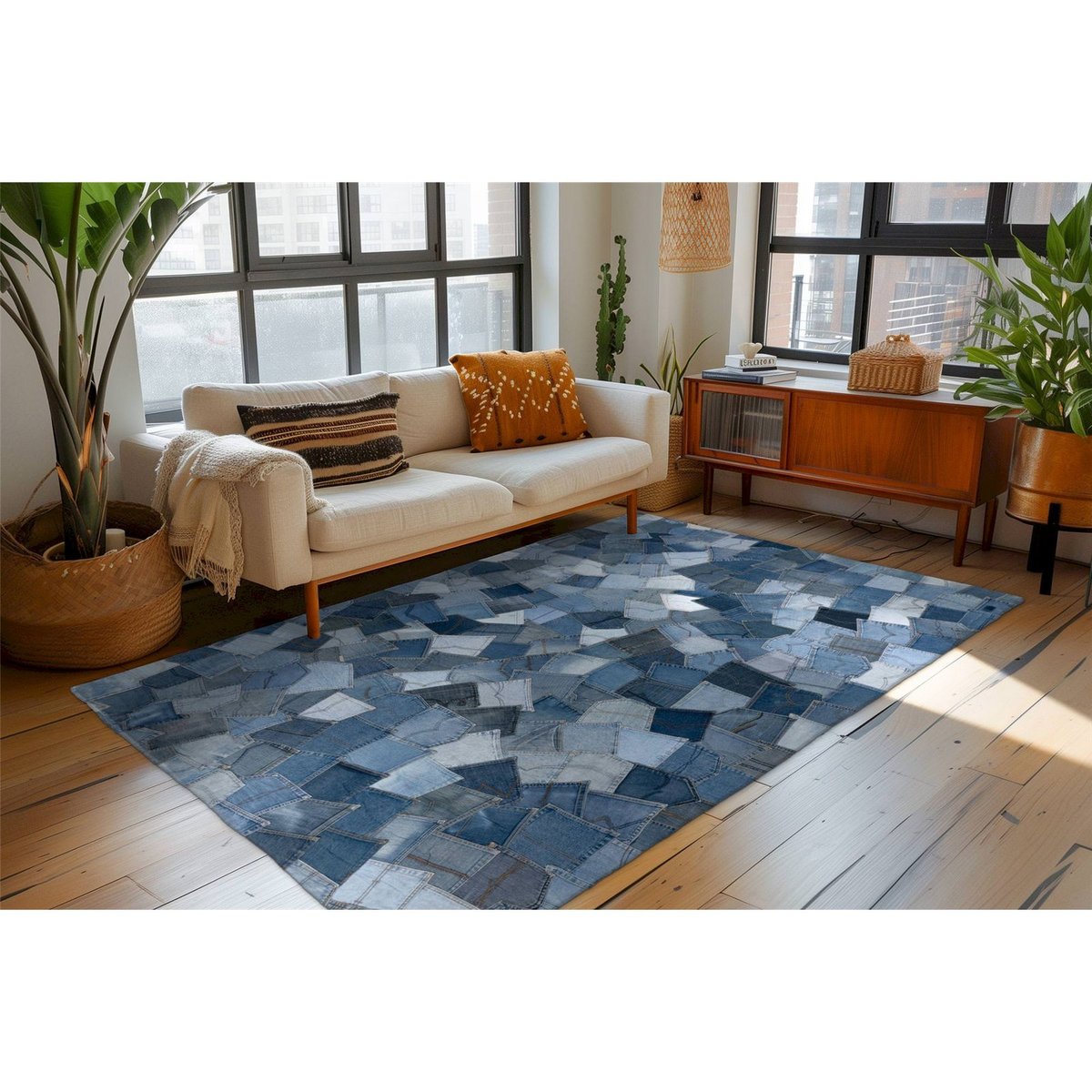 Tapis rectangulaire en coton cousu main bleu denim patchwork nuances claires et foncées, ARTE ESPINA