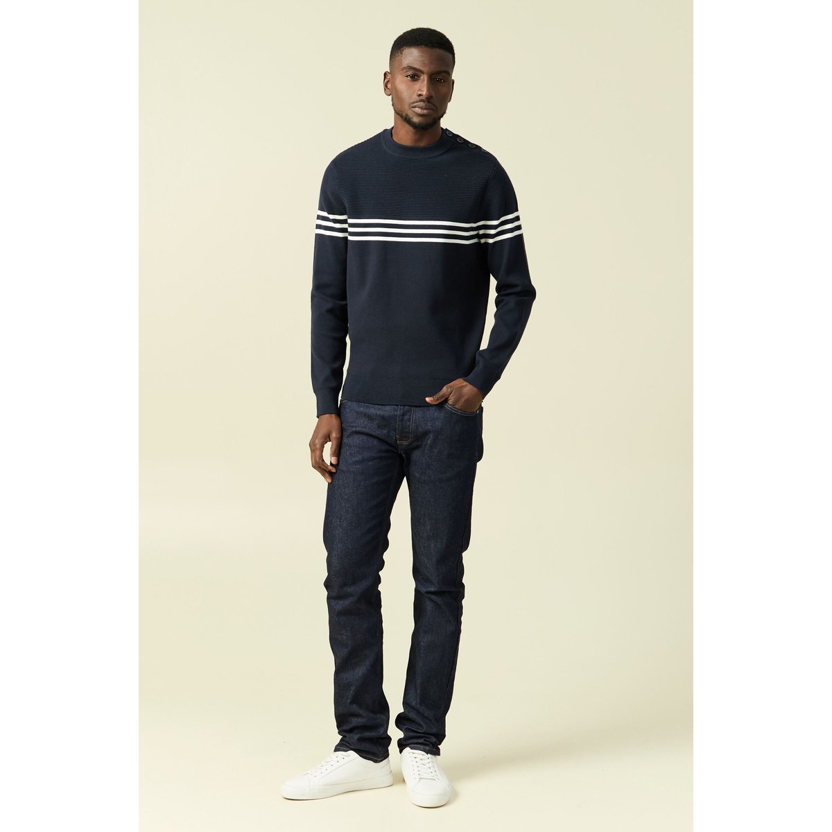 Pull fin col rond manches longues bleu marine, BONOBO