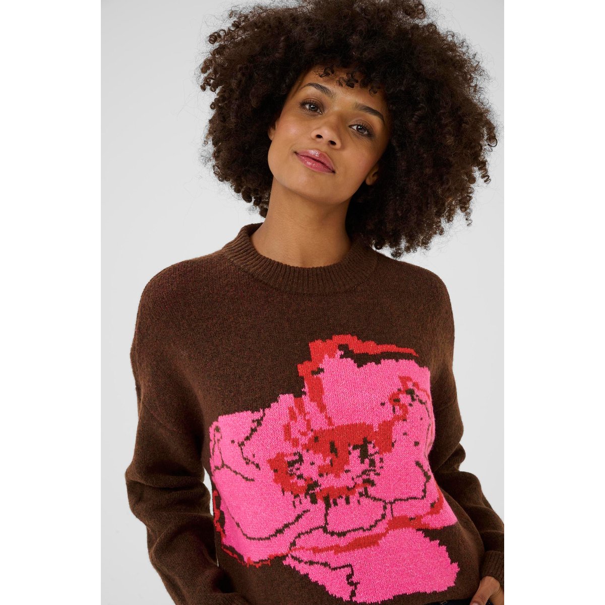 Pullover tricoté marron rose brown melange pink flower, CULTURE