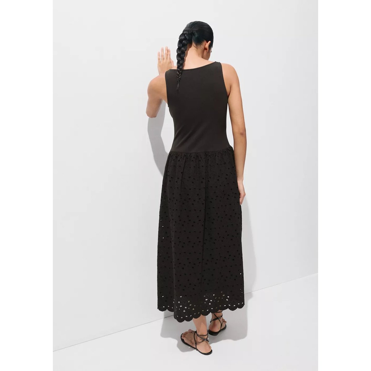Robe combinée broderie ajourée marron, MANGO