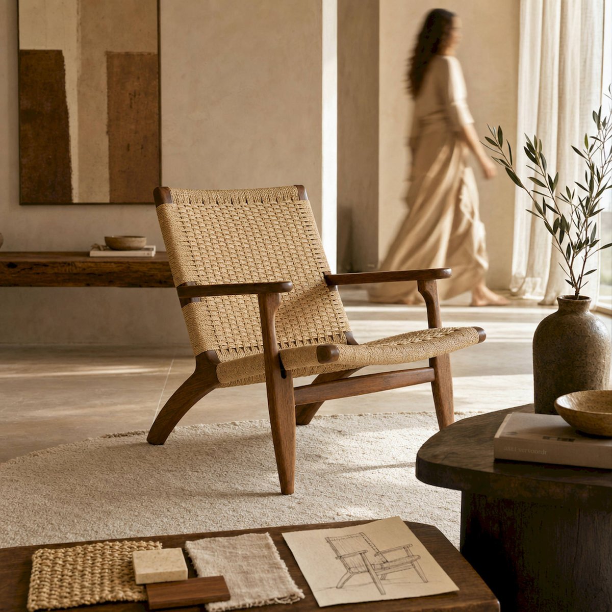 Fauteuil bohème en orme et corde VACIO brun et brun clair, RECOLLECTION