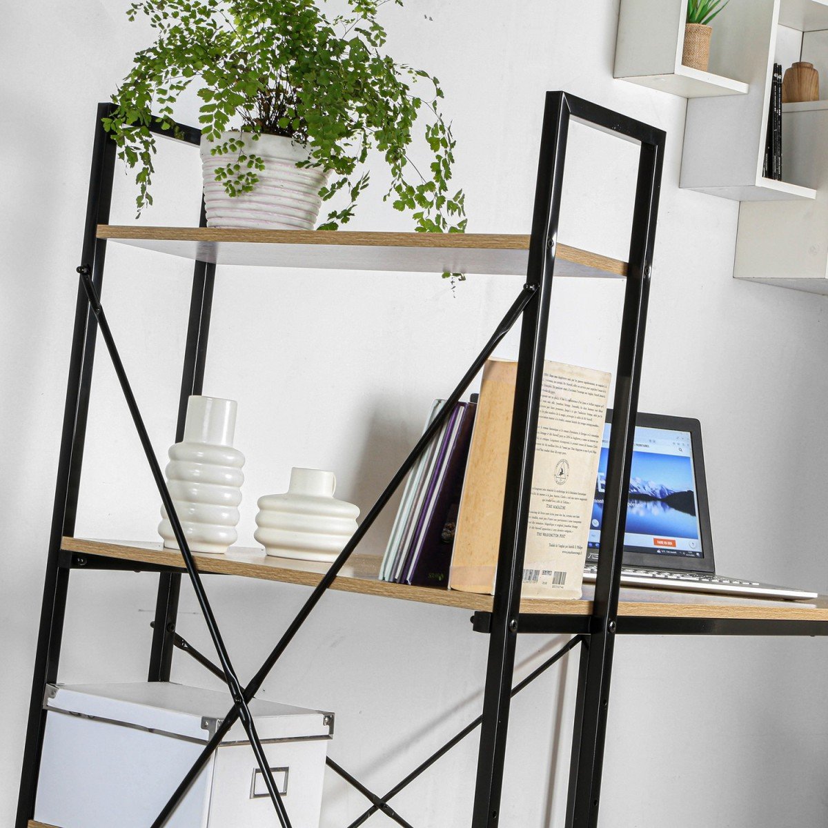 Bureau L120cm avec 4 étagères style industriel bois clair, CALICOSY