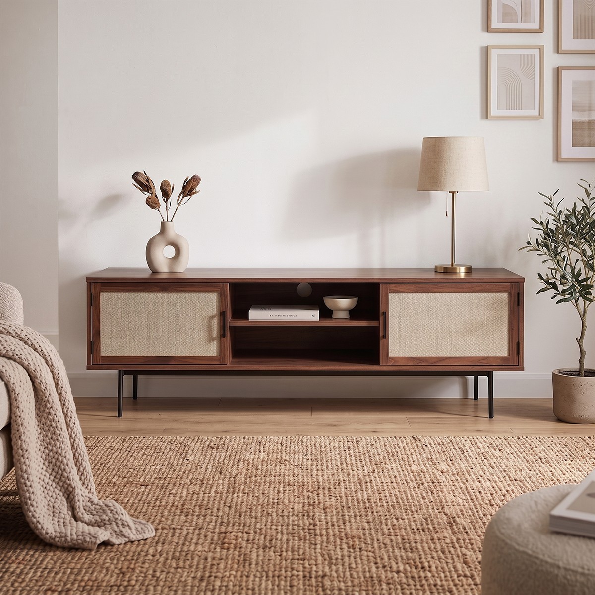 Meuble TV décor noyer avec façades en tissu  L140 cm JETSON bois foncé, CALICOSY
