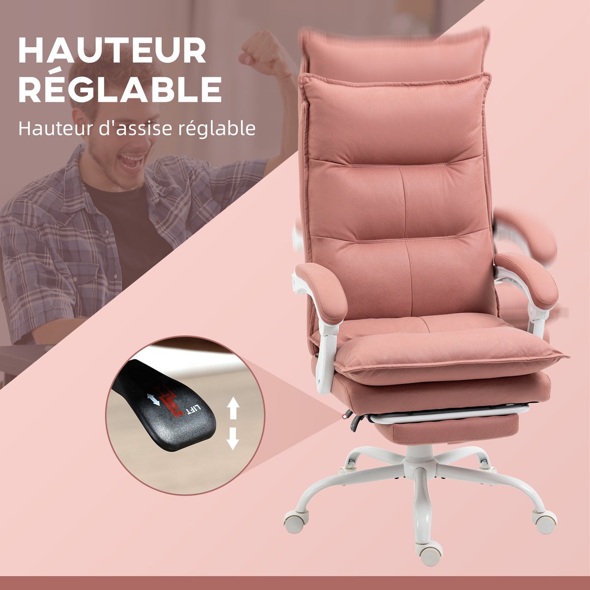 Fauteuil de bureau avec fonction massage rose et blanc, HOMCOM