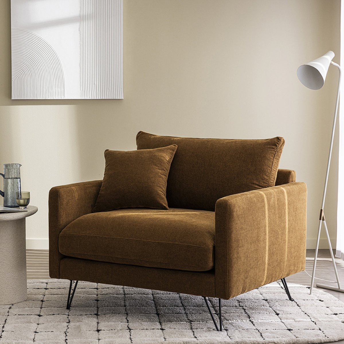 Fauteuil XL en tissu pieds épingles noirs- VILLABON bronze, DRAWER