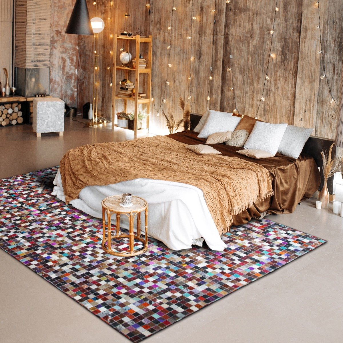 Tapis en cuirs recyclés motif mosaïque  multi CUIR MOZAIQUE COLOR marron, multicolore, THE DECO FACTORY