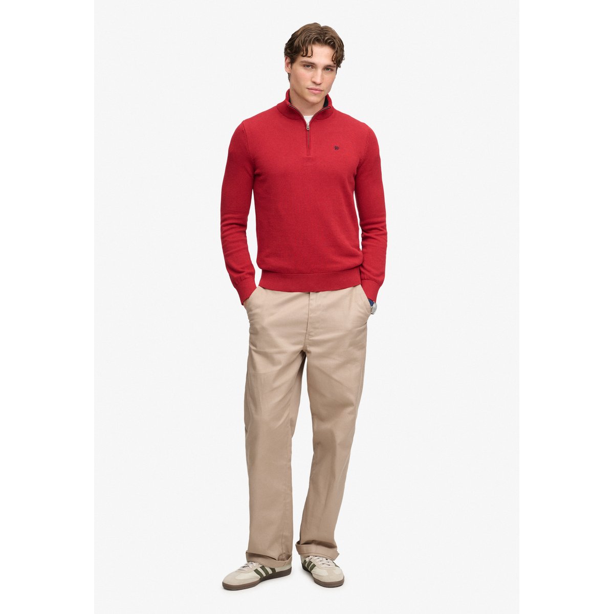 Pull à demi-zip en coton Preppy Essential rouge cramoisi chiné, SUPERDRY