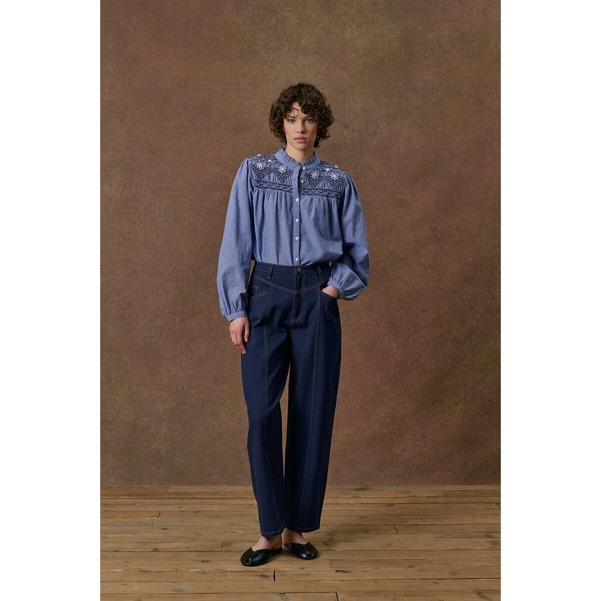 Blouse col rond brodée et smockée, LOUISE bleu, LOUISE MISHA