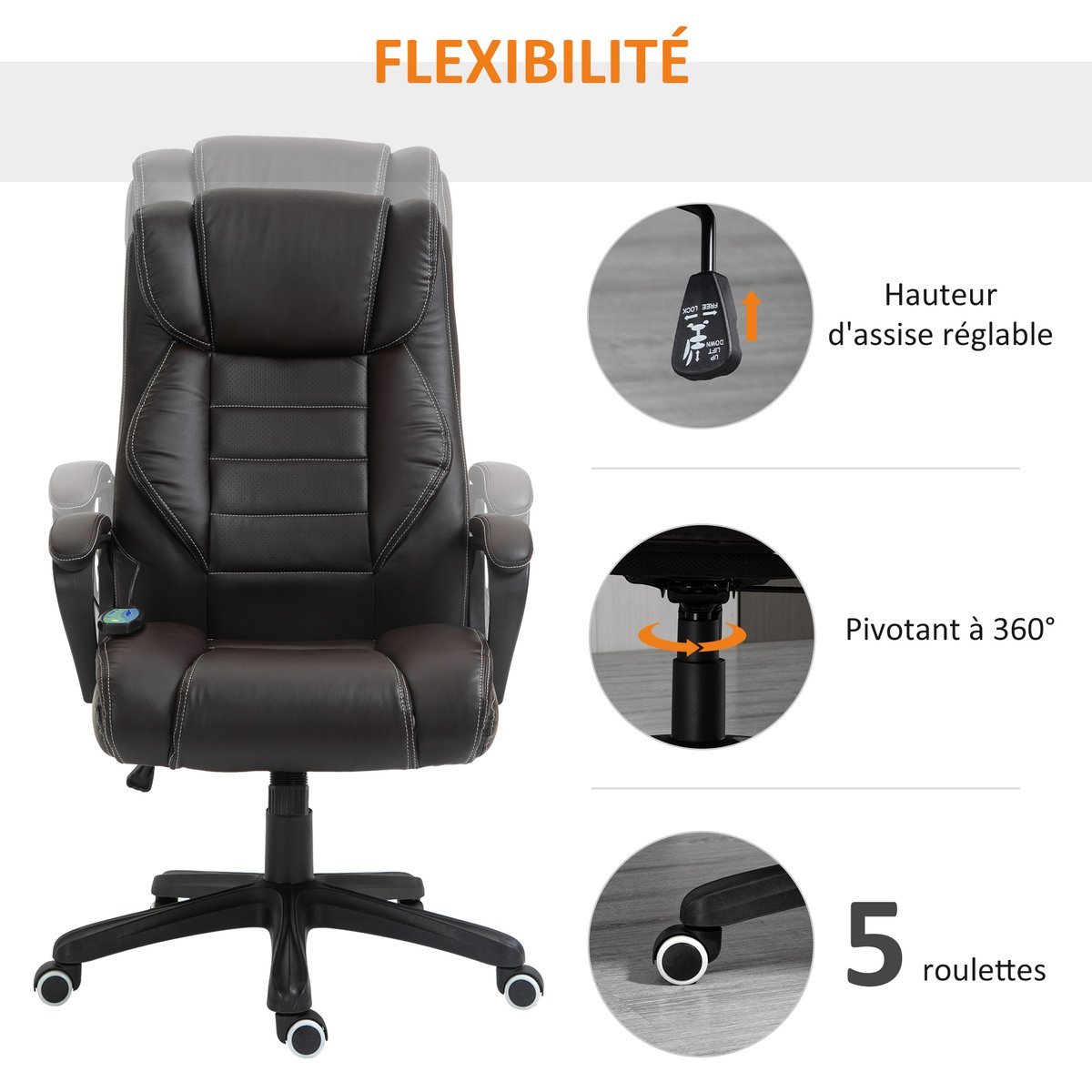 fauteuil de bureau avec fonction massage brun, HOMCOM