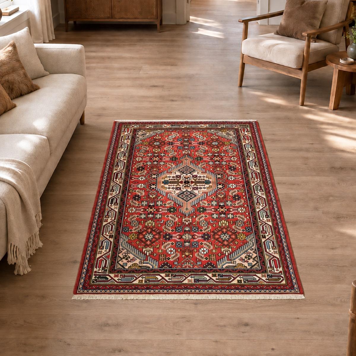Tapis d'orient au motif oriental, noué main, HAMADAN 178 rouge, beige, bleu, UN AMOUR DE TAPIS