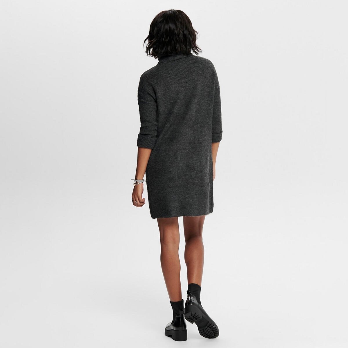 Robe-pull col roulé grosse maille gris foncé chiné, ONLY