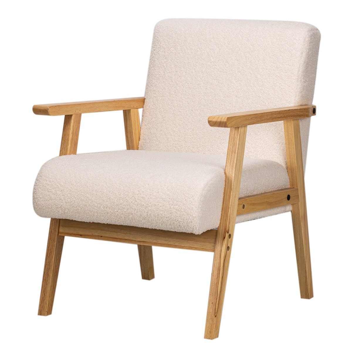 Fauteuil de salon en bois et bouclette, LOUIS blanc cassé, NORDLYS