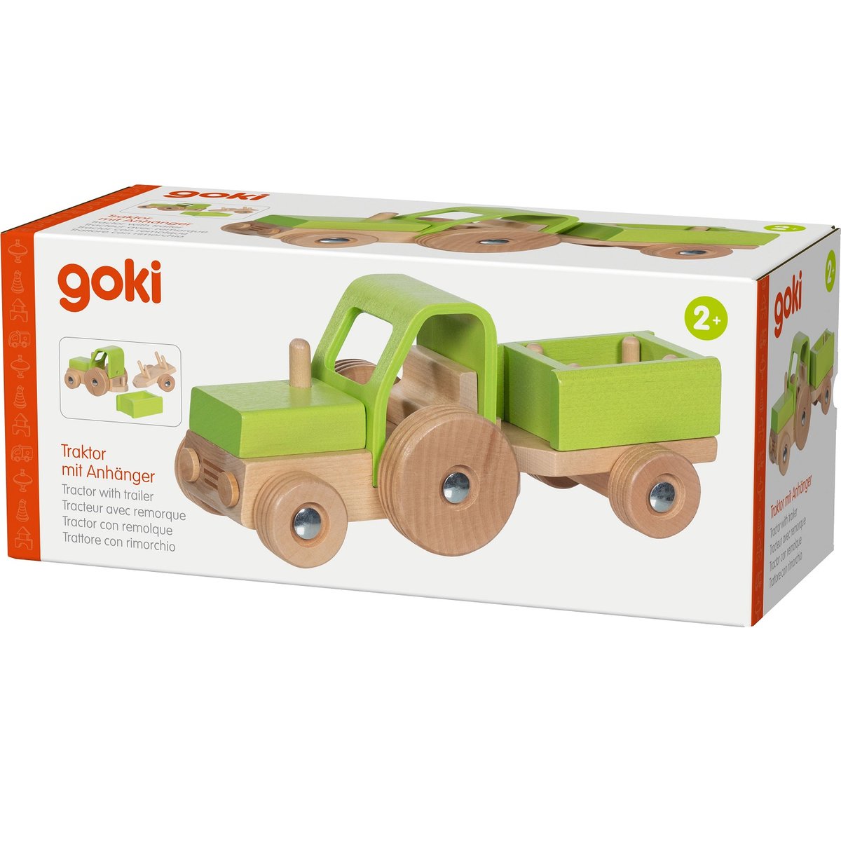 Tracteur avec remorque en bois vert, GOKI