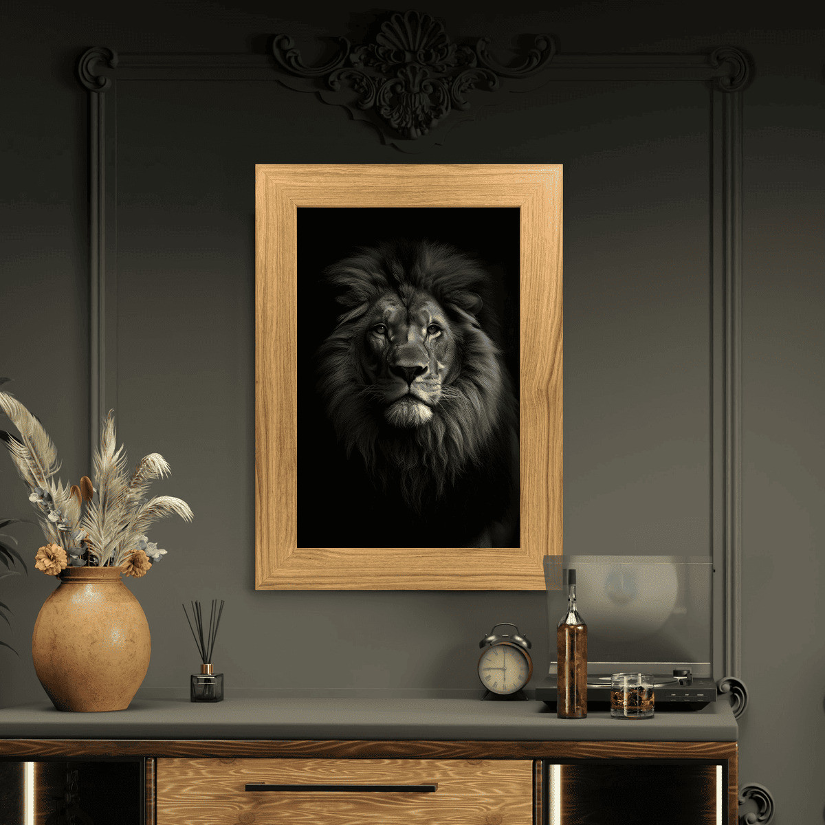 Tableau Lion Noir Et Blanc Sur Aluminium Encadré Bois ANIMAUX noir & blanc-fibres de bois, CEANOTHE