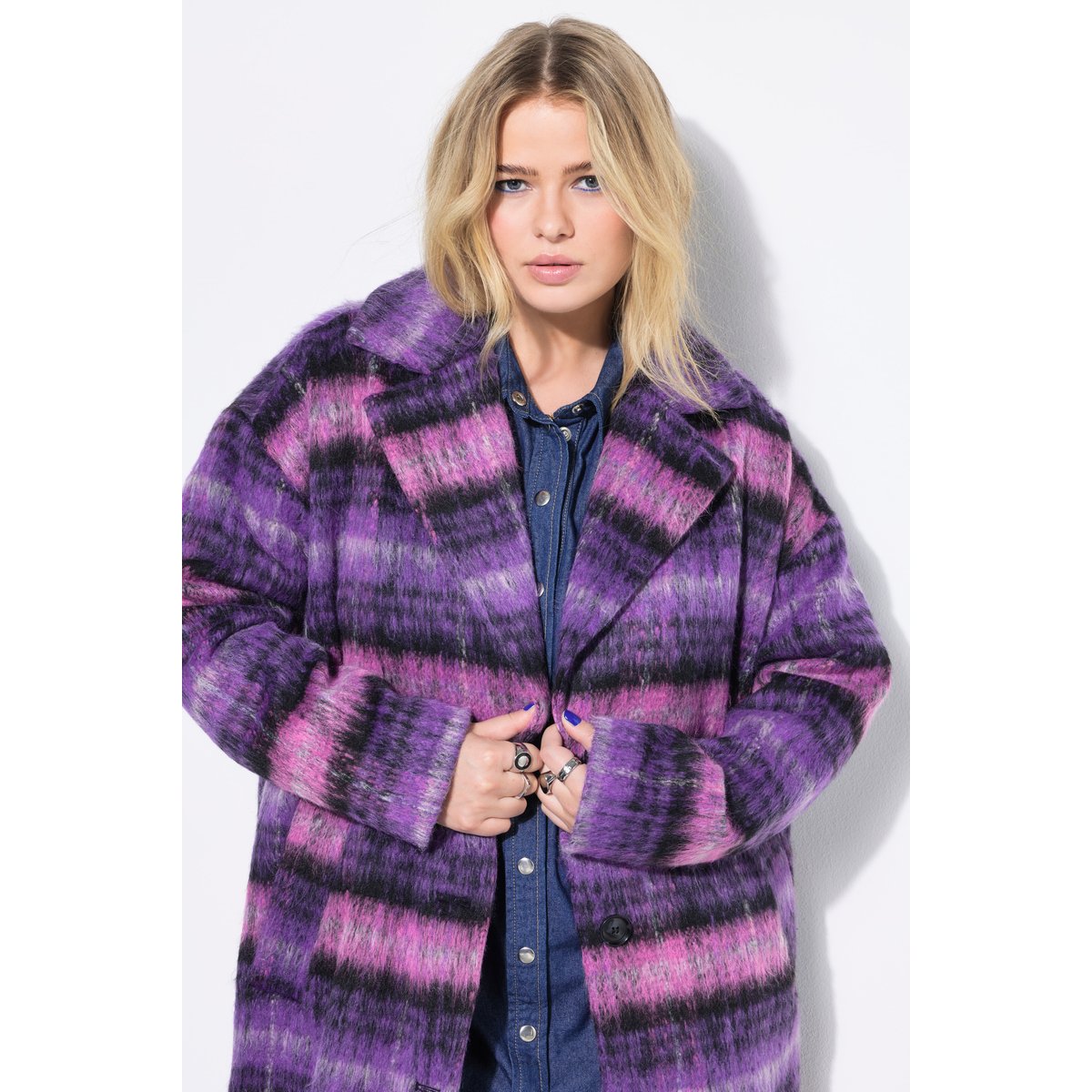 Manteau oversize à carreaux. Manches longues violet, STUDIO UNTOLD