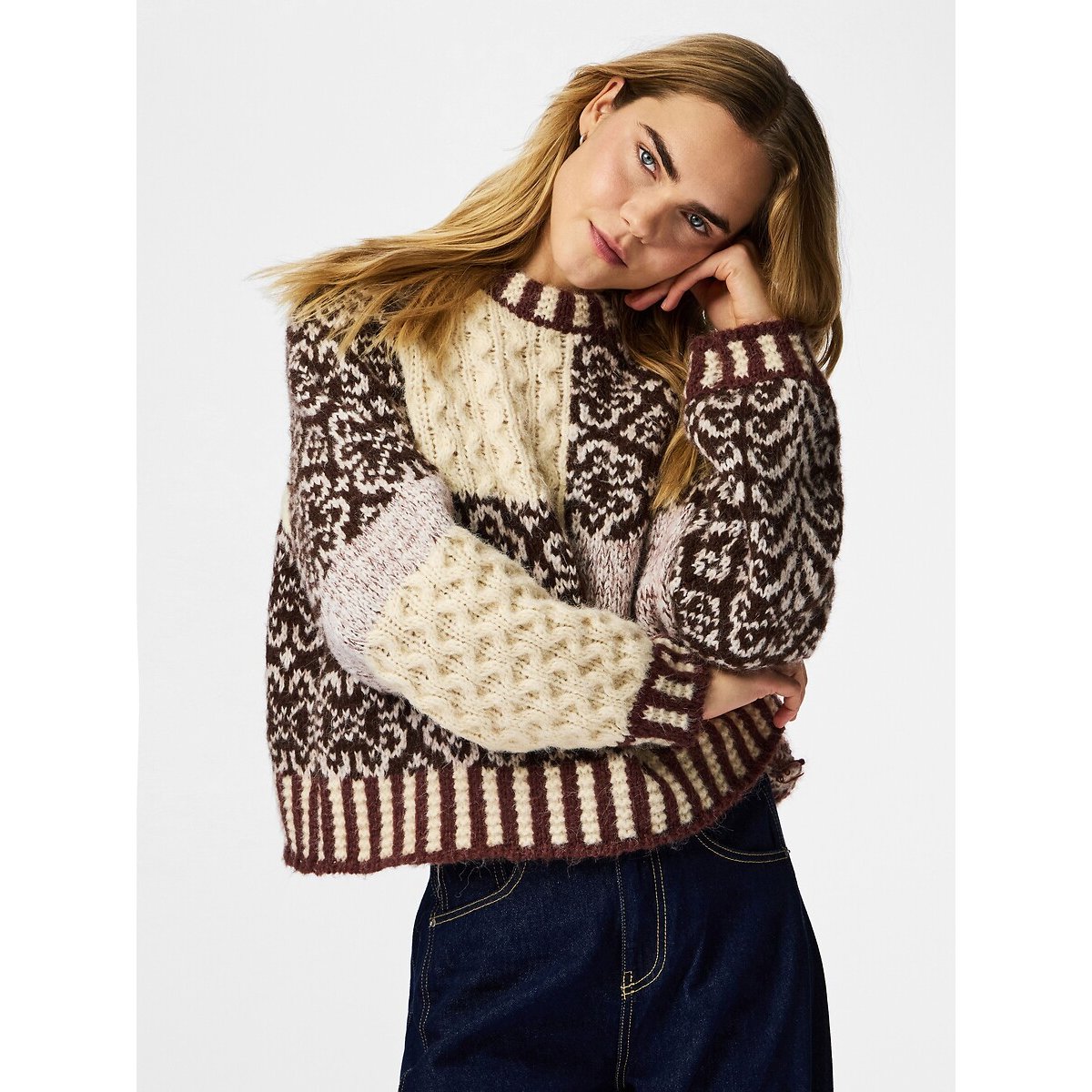 Pull manches longues, motif patchwork imprimé multicolore, PIECES