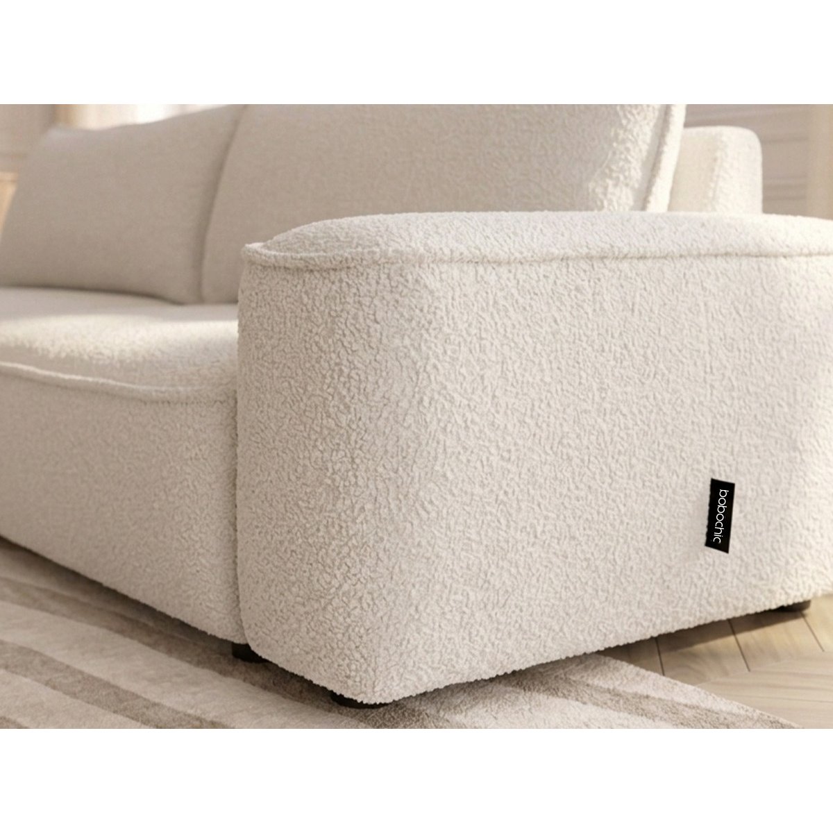 Canapé droit convertible 3 places en tissu chenille, HONORE blanc, BOBOCHIC