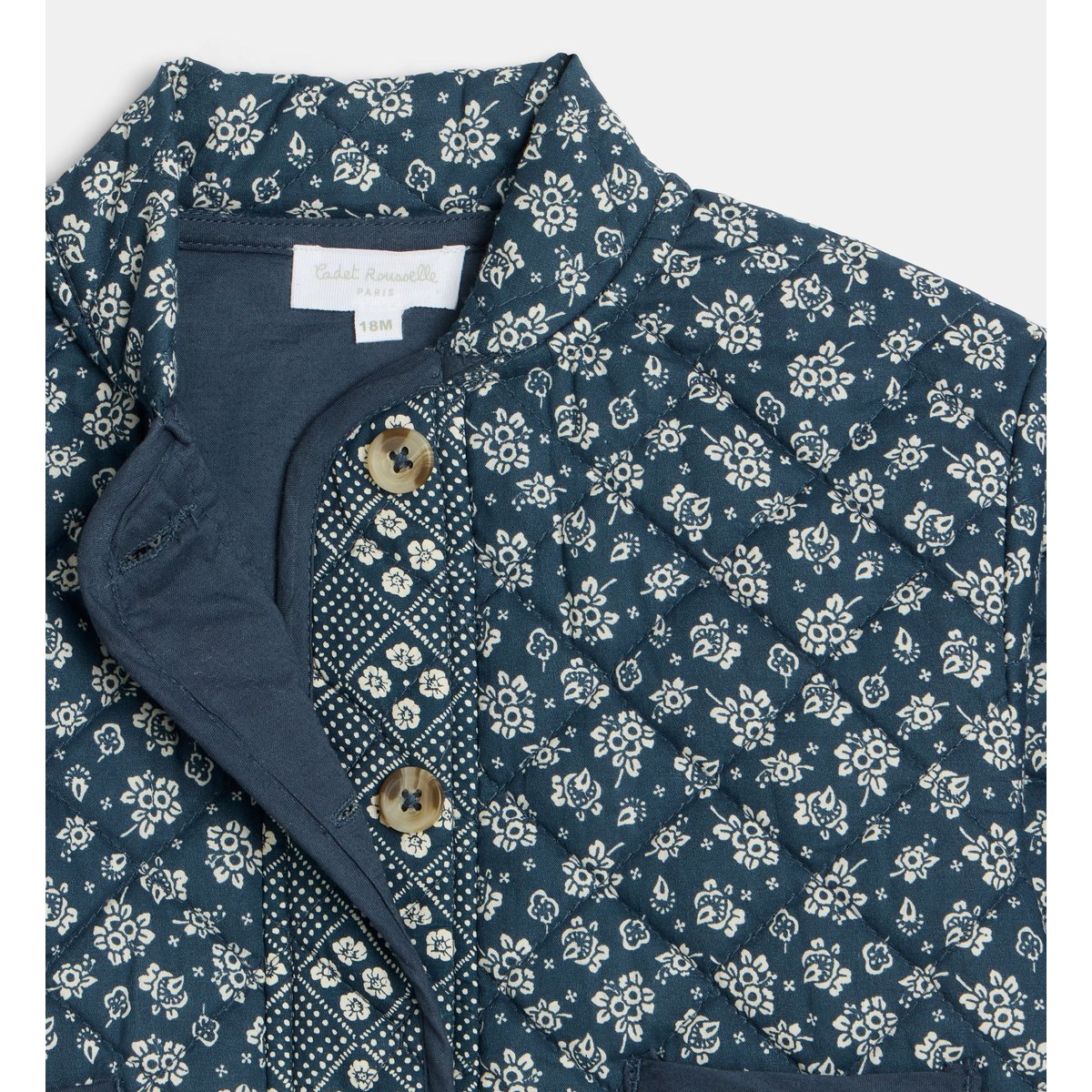 Veste matelassée talina florale popeline coton bleu et écru, CADET ROUSSELLE