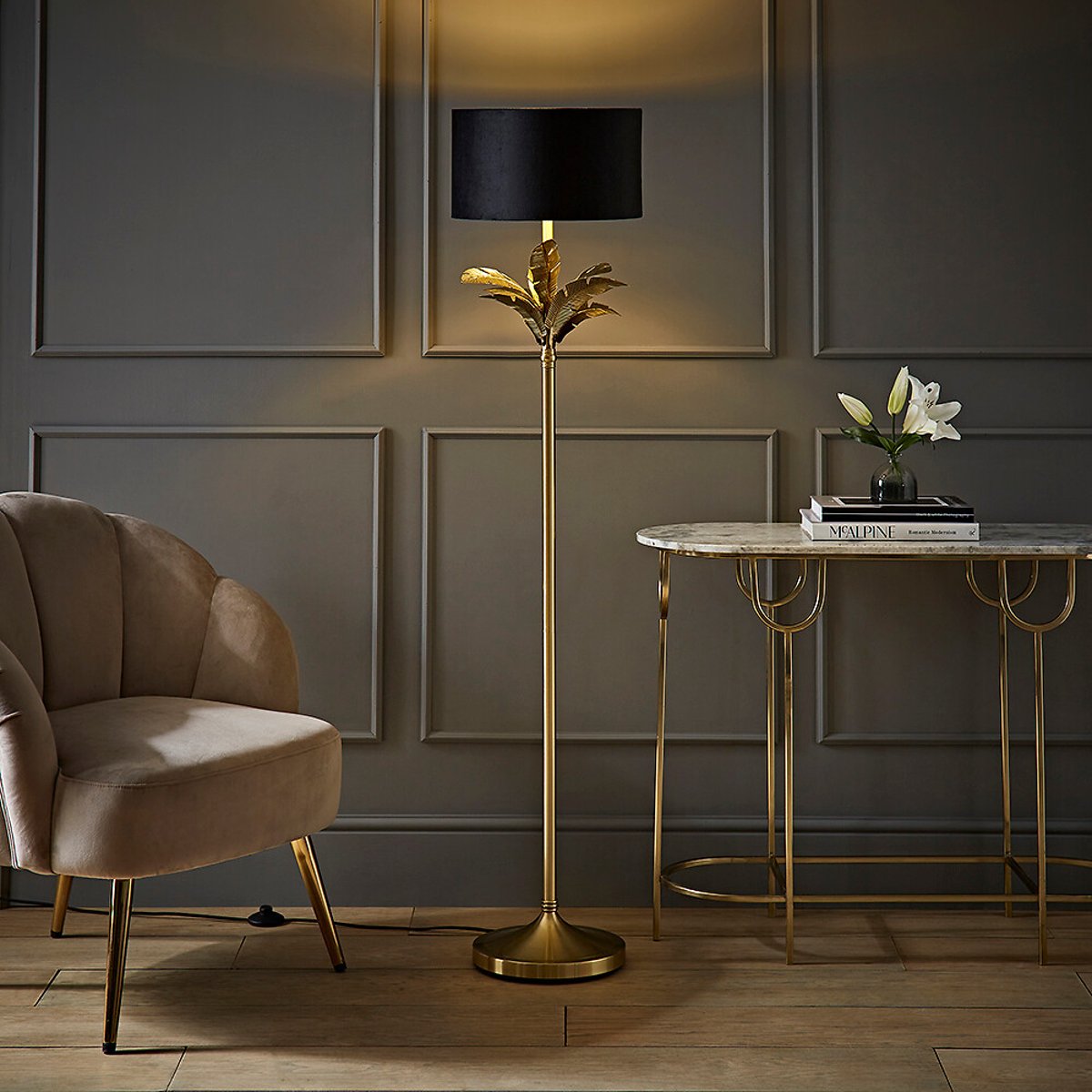 Chrissy Gold Palm Leaf Floor Lamp with Velvet Drum Shade black, SO'HOME