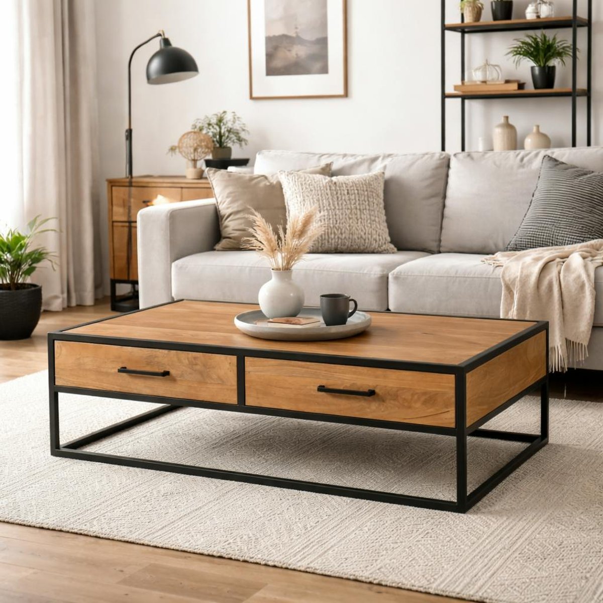 Table basse bois clair métal noir 4 tiroirs RIVANO bois naturel, PIER IMPORT