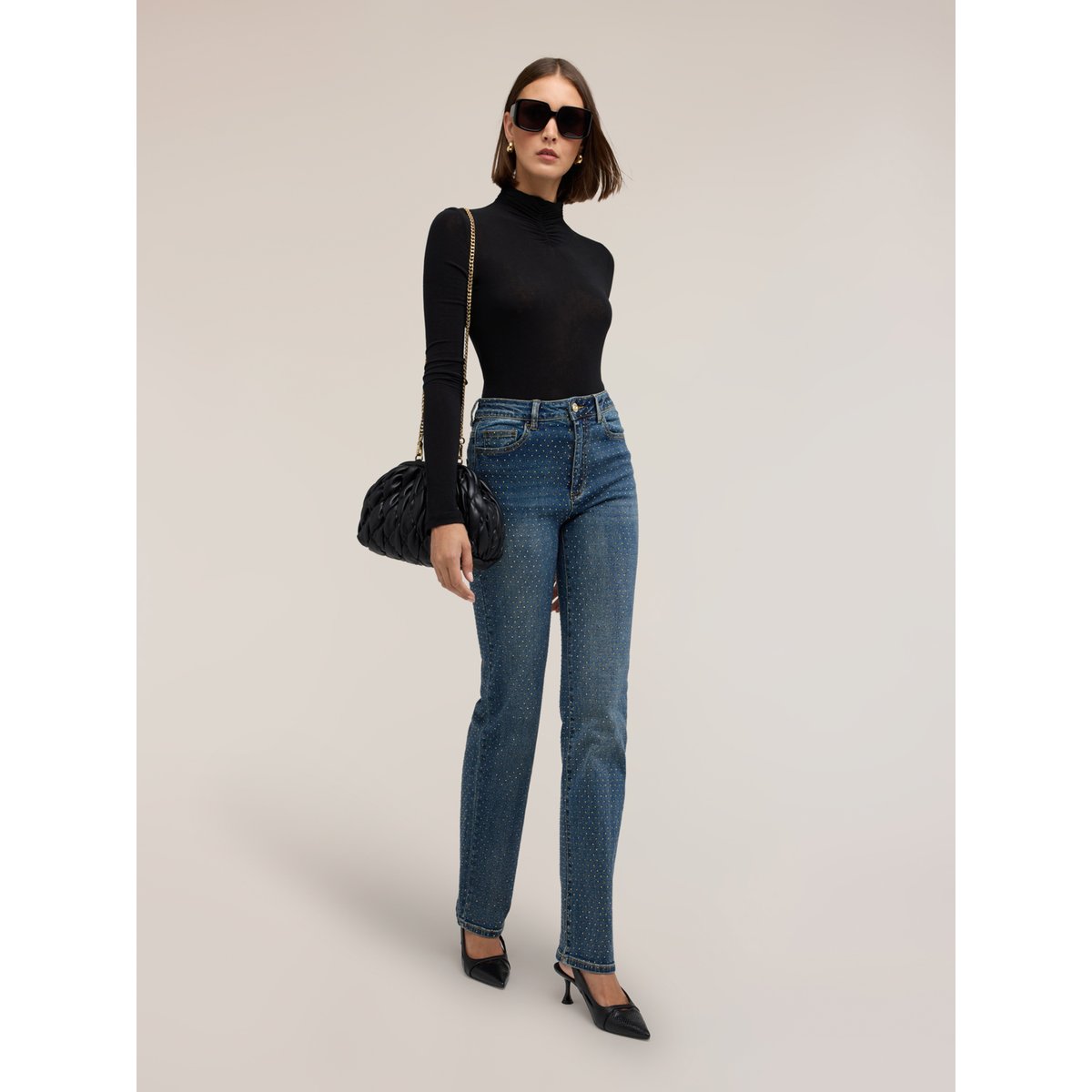 Jean coupe wide avec micro-strass all over bleu, MOTIVI