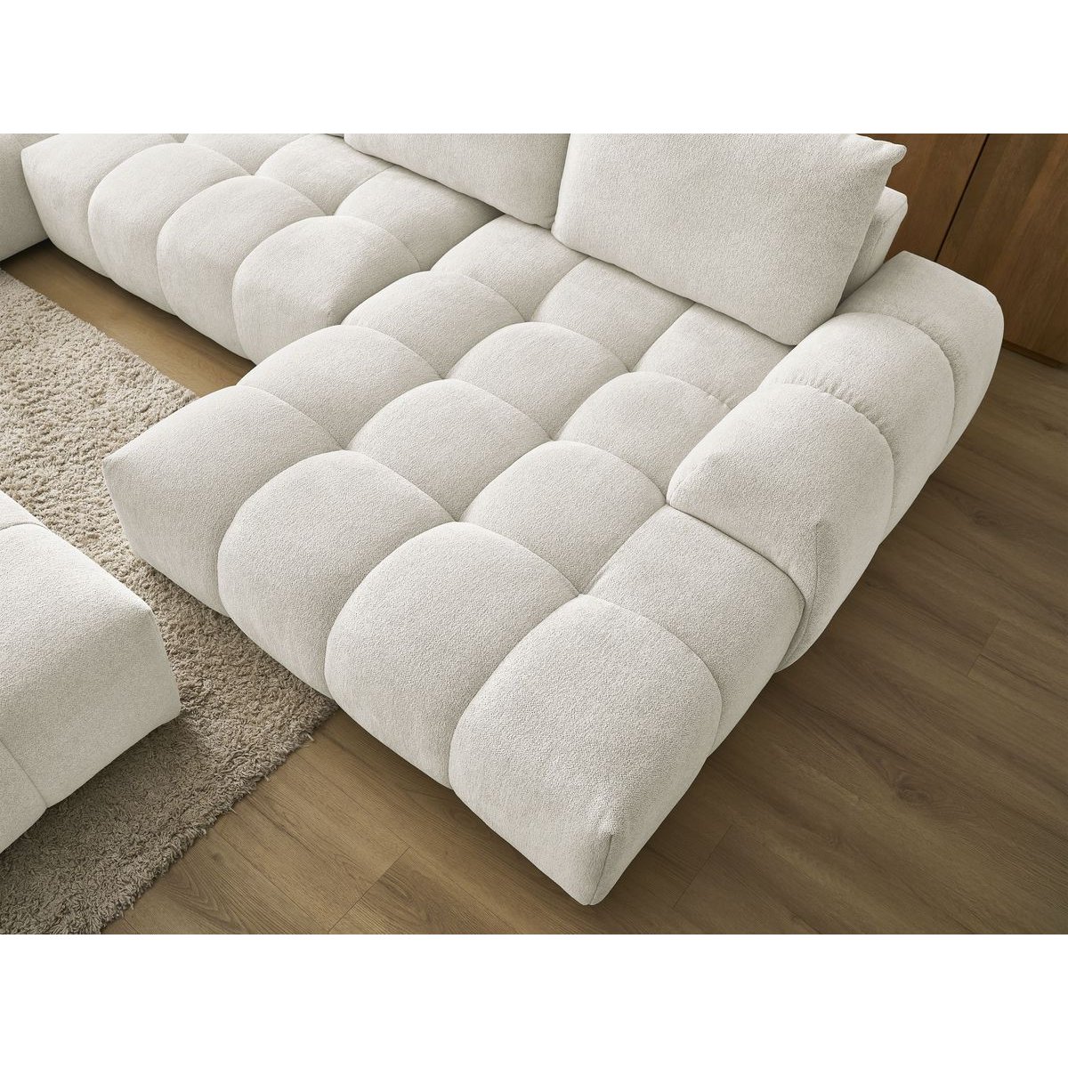 Canapé panoramique convertible 7 places en tissu chiné avec pouf, EVEREST blanc, BOBOCHIC