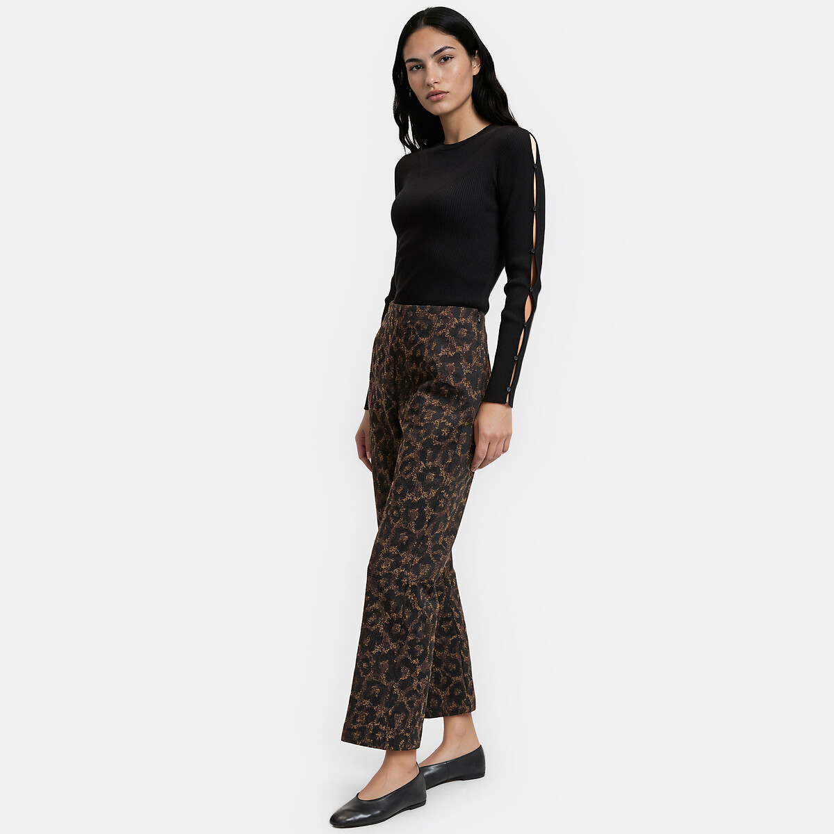Pull col rond en fine maille côtelée avec boutons sur les manches noir, LA REDOUTE COLLECTIONS
