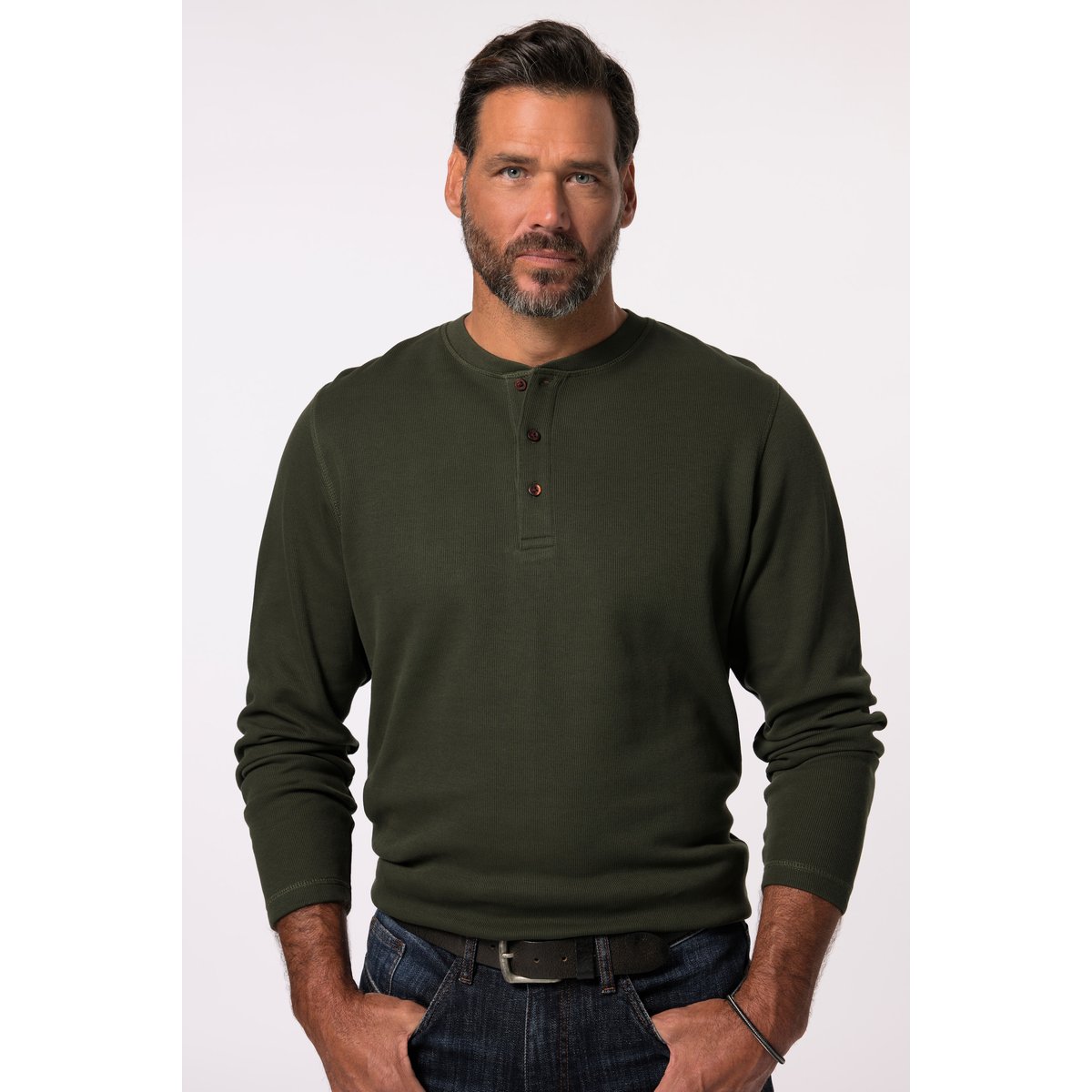 Henley, manches longues, maille piquée vert foncé, JP1880