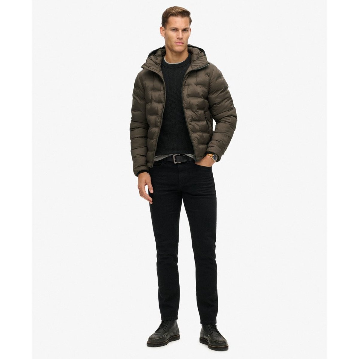 Doudoune matelassée à capuche marron nuit tombée, SUPERDRY