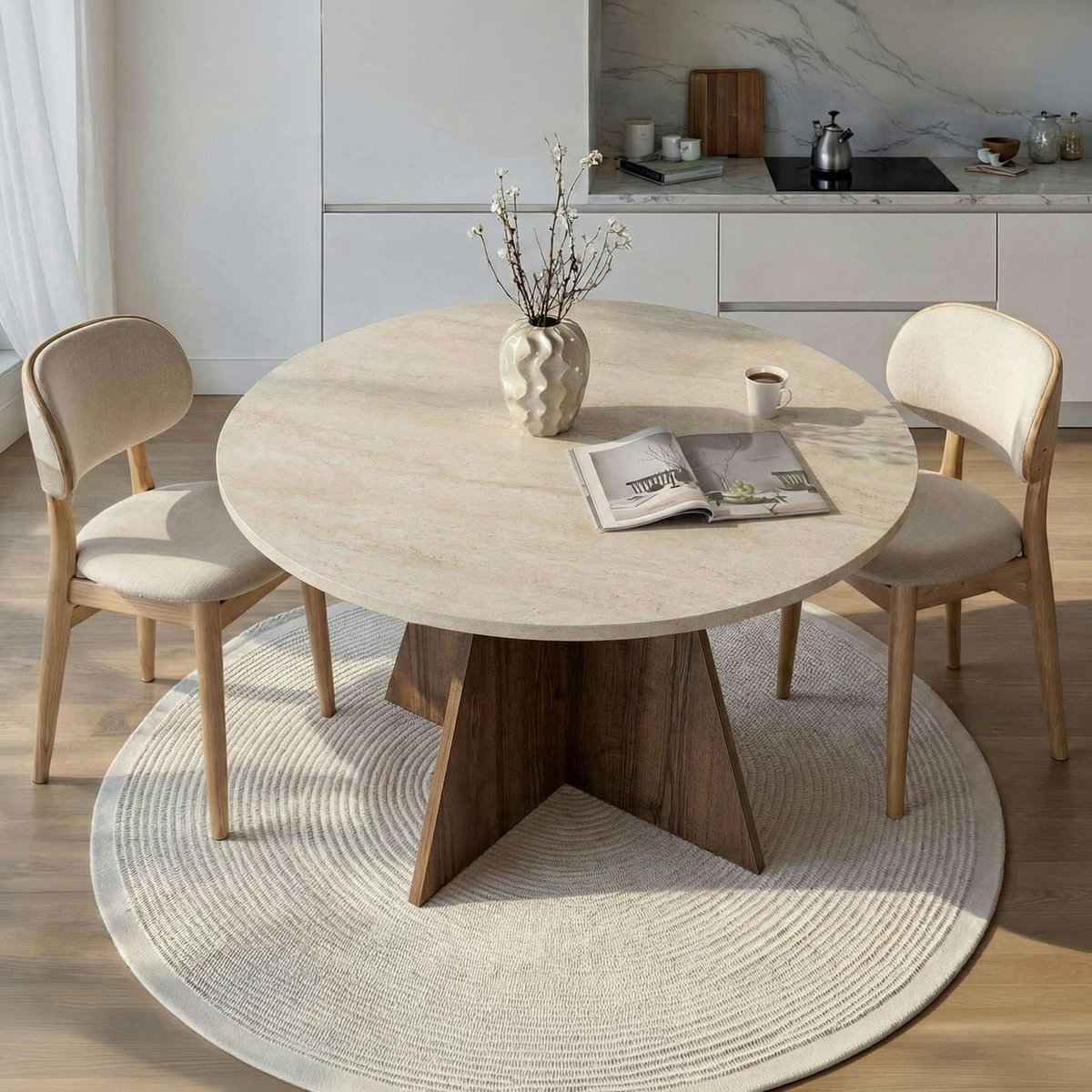 Table ronde moderne pied trapèze MARFA travertin / noyer, PIER IMPORT