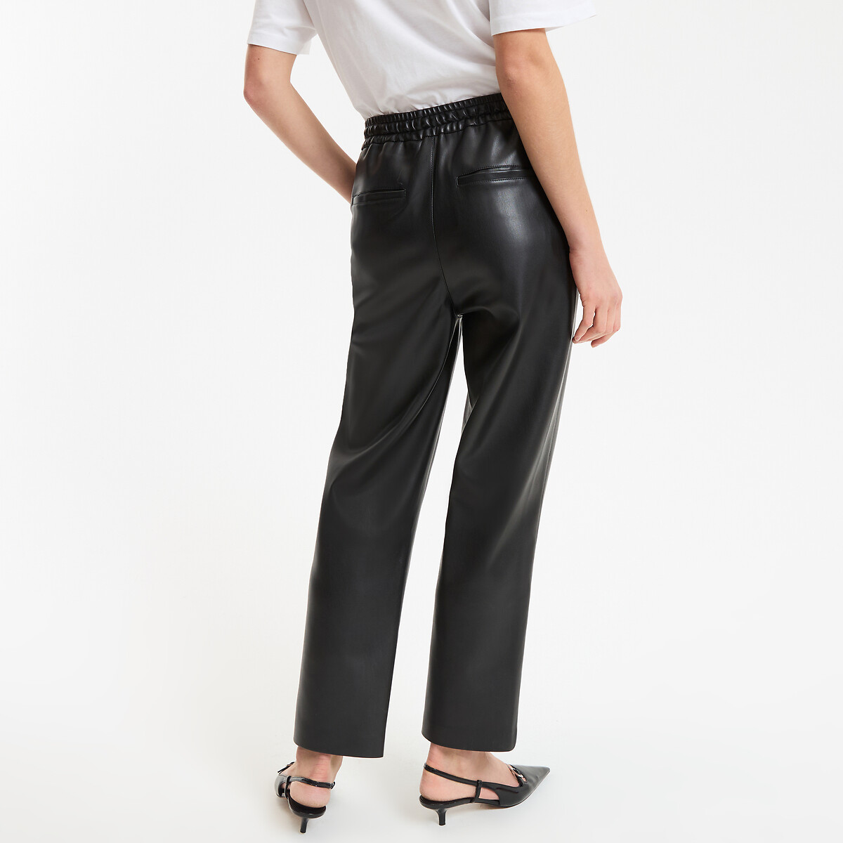 Ankle Grazer Straight Trousers in Faux Leather with Elasticated Waistband black, LA REDOUTE COLLECTIONS