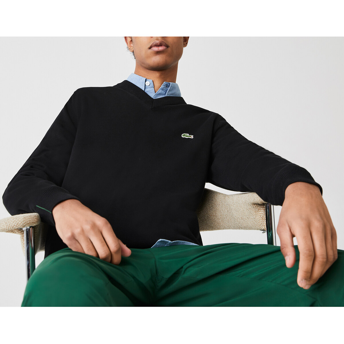 Pull col V en coton bio noir, LACOSTE